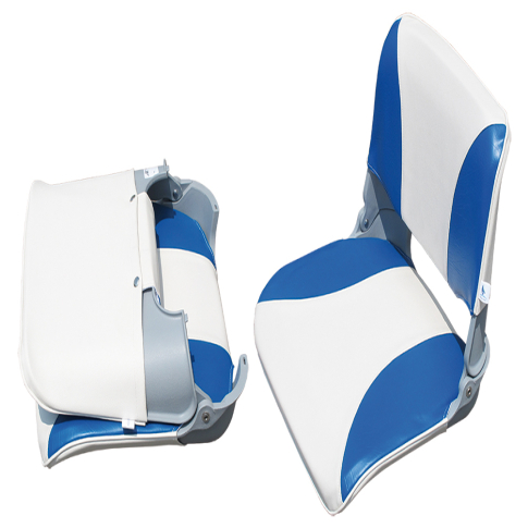 Assento em PVC com encosto dobrável, acolchoado em branco e azul