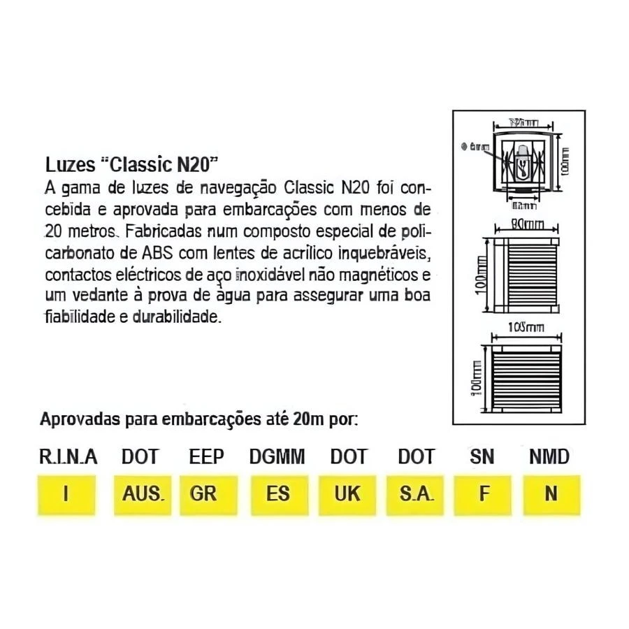 Luz de navegação topo mastro branca classic N20 225º Luz de navegação topo mastro branca classic N20 225º