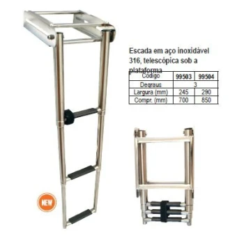 Escada telescópica sob a plataforma em aço inox 316, 3 degraus, 290x 850mm