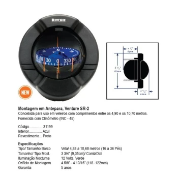 Bussola Venture SR-2 Montagem de antepara, Mostrador azul Preta