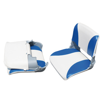 Assento em PVC com encosto dobrável, acolchoado em branco e azul